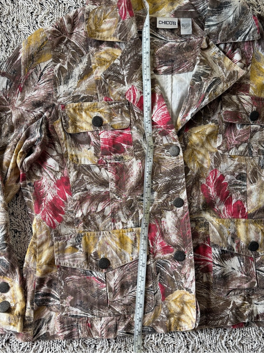 Chico's Multicolor Leaf-Print Jean Jacket — Brown, Red & Yellow - Picture 13 of 16